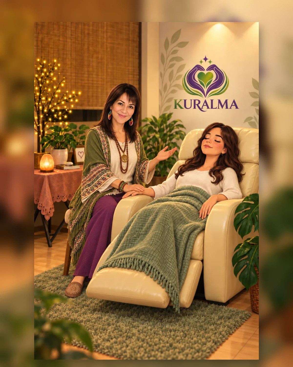 Ilustración de Kuralma con Dey acompañando una sesión de hipnosis clínica reparadora
